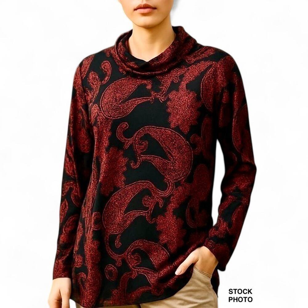 Susan Graver Red Black Paisley Tunic Top Plus Sz 1X Ruched Neck Stretch Holiday